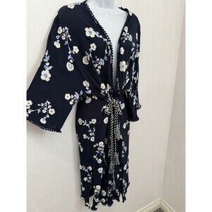 Stitchfix Kimono Waterfront Embroidered MIDI Belt Blue White Beachy Boho Size S